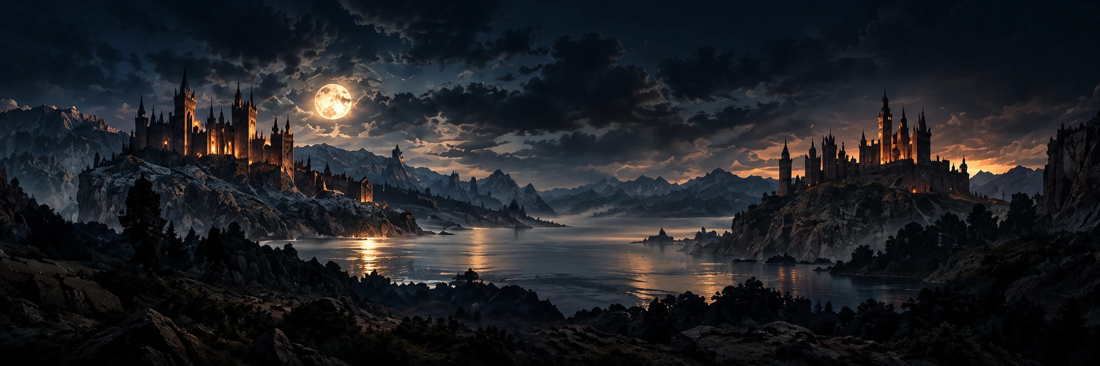 Two moonlit castles on cliffs above a still lake, with mountains under a cloudy night sky.