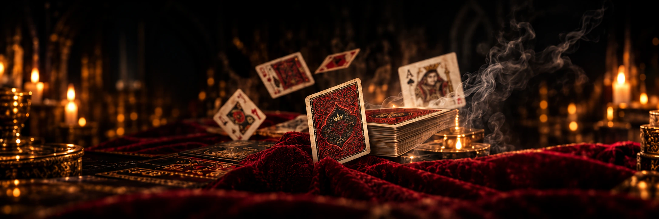 A candlelit table with the Greatest Game deck, ornate card backs, drifting cards, red velvet, and smoke.