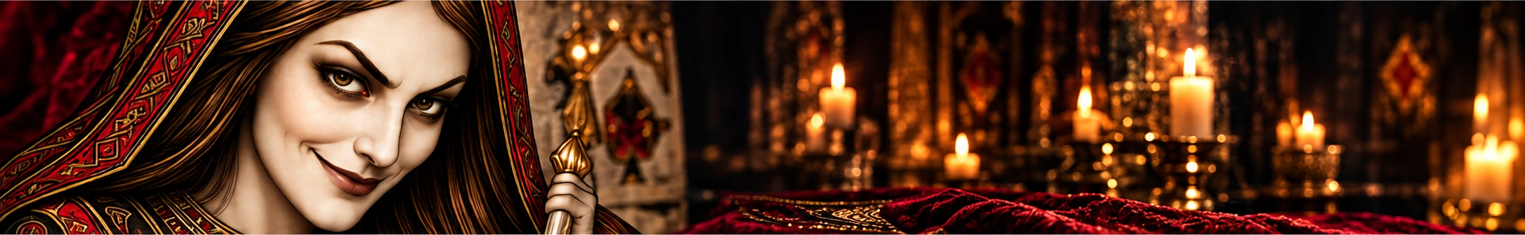 A close portrait of the queen in a red and gold veil, beside candlelight, velvet, and a spade emblem.